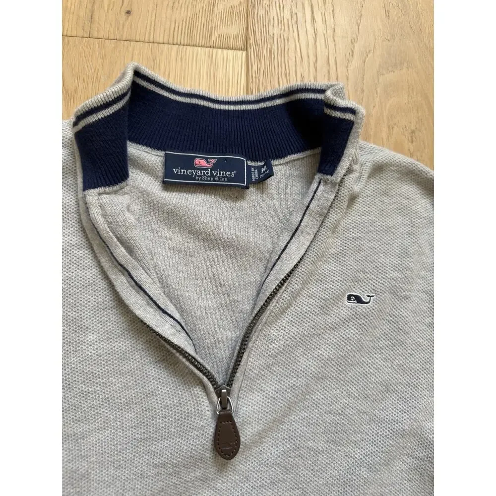 Vineyard Vines Sweater Boys M 14-16 Gray Waffle Knit Quarter Zip Pullover Cotton